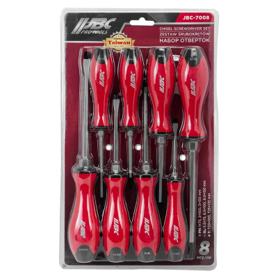 Набор отверток силовых магнитных 8пр (SL5.5x75мм, SL6.5x100мм, SL8х150мм, РН1х75мм, РН2х100мм, РН3х150мм, Т20х100мм, Т25х125мм) в блистере JBC-7008