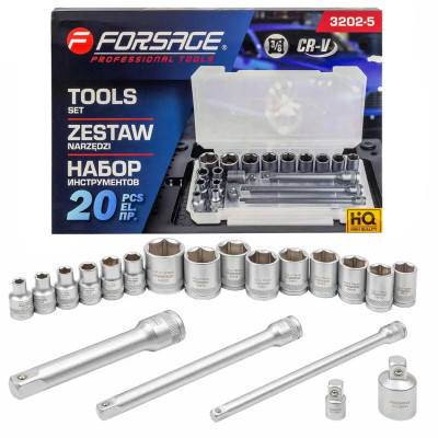 Набор инструментов 3/8' 20пр. 6гр. (6-22мм) в пласт.кейсе F-3202-5