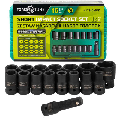 Головки ударные, набор 16пр., 1/2 (8, 10-19, 21, 22, 24, 27мм, 6гр.) FORSandTUNE-4179-5MPB