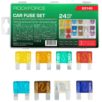 Предохранители плавкие флажковые автомобильные (от 20А до 100А), комплект 24пр. RF-FS-20(83140)