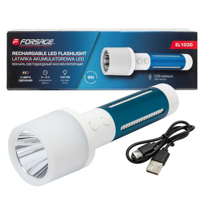 Фонарь ручной аккумуляторный (бел.LED 3Вт,желт.SMD 1Вт,красн.SMD 0.5Вт, 5 режимов работы, аккум. 1200мАч, 120Лм, время работы 3-4ч, время зар. 4-5ч) F-EL1030