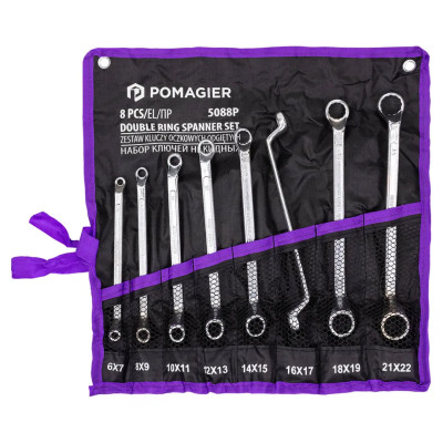 Ключи накидные, отогнутые на 75град., набор 8пр. (6х7, 8х9, 10х11, 12х13, 14х15, 16х17, 18х19, 21х22мм) POM-5088P