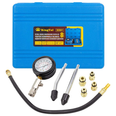 Индикатор компрессии бензинового двигателя 8пр.(0-20Bar, М10х1.0, М12х1.25, М14х1.25, М18х1.5 + 2 жестких прижимных адаптера-переходника),в кейсе KT-908G1