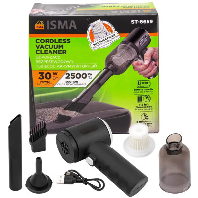 Пылесос портативный аккумуляторный (3,7В,1200мА/ч) 30Вт, контейнер 0,45л ISMA-ST-6659